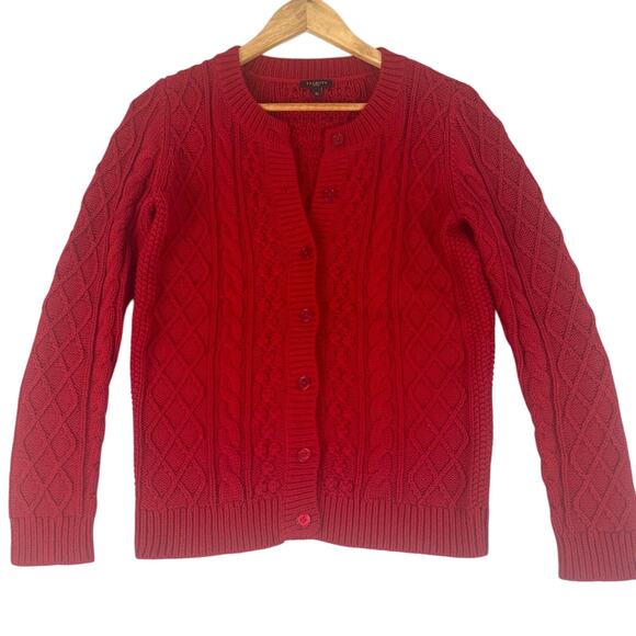 Talbots Cable Knit Cardigan Sweater Womens Small Petite Red Fisherman Coastal - Picture 1 of 10